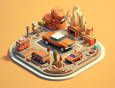 Isometric retro car travelling with elements of environment. Generated AI