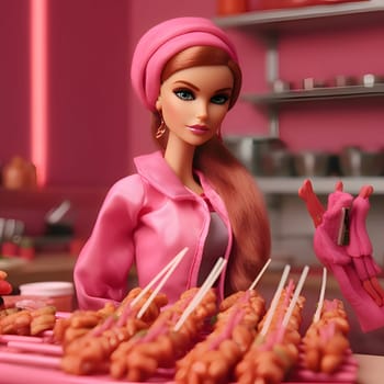 Charming blonde Barbie, dressed in pink, with skewers on a plate, against a blurred background. The side view captures her delightful moment with tasty treats.