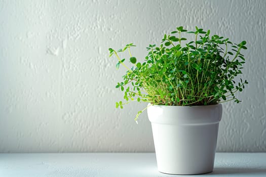 White pot with lush microgreens on the table and white wall.