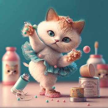 Cute fluffy kitten playing with the makeup. Colorful cosmetics and funny cat. Generated AI