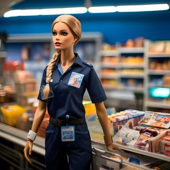 Blonde-haired Barbie with a stylish ponytail is busy working in a vibrant market, surrounded by fresh produce and colorful stalls.