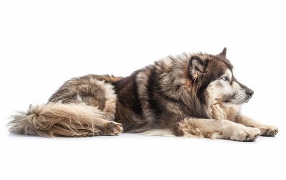 A serene Alaskan Malamute sleeps soundly, its luxurious coat and calm repose showcasing the breed's gentle and composed nature. The dog's peaceful slumber invites a sense of tranquility