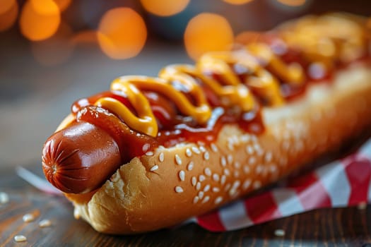An American hot dog with mustard, ketchup and sausage lies on craft paper.