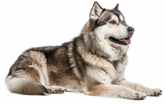 An exuberant Alaskan Malamute sits attentively, its tongue out in a happy pant and eyes sparkling with joy. The robust build and lush coat highlight the breed's adaptability to cold climates
