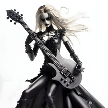 Black Metal Barbie rocks a black outfit, complete with a black guitar, against a clean white background.