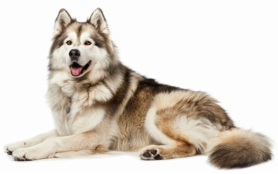 An exuberant Alaskan Malamute sits attentively, its tongue out in a happy pant and eyes sparkling with joy. The robust build and lush coat highlight the breed's adaptability to cold climates