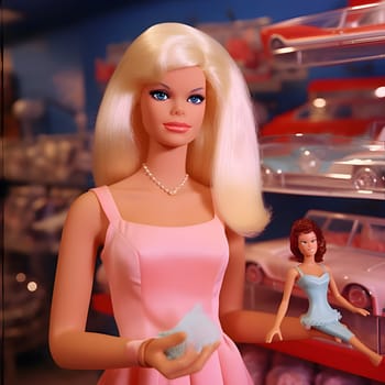 Blonde-haired Barbie proudly holds a small caricature of herself on her hand, while shelves of toy cars create a playful background.