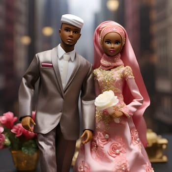 Barbie and Ken, both with black skin, dressed in traditional Muslim attire, showcasing diversity and cultural representation.