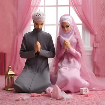 Barbie and Ken, both with black skin, dressed in traditional Muslim attire, showcasing diversity and cultural representation.