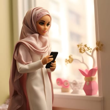 Barbie in Muslim style with headdress and smartphone in hands on bright background.