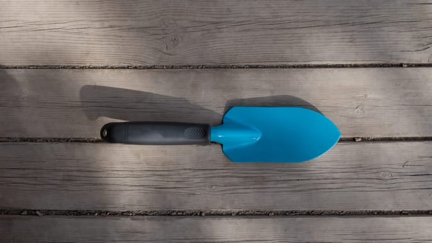 Small blue gardener's spatula on the wooden floor.