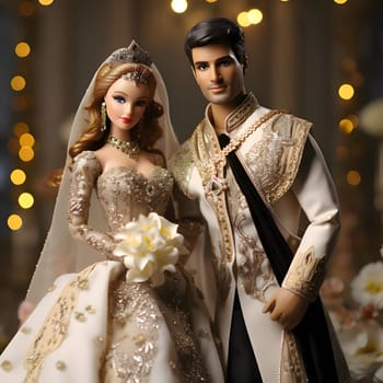 Barbie and Ken looking elegant in ceremonial outfits, with a blurry background adding a touch of sophistication to the scene.