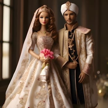 Barbie and Ken looking elegant in ceremonial outfits, with a blurry background adding a touch of sophistication to the scene.