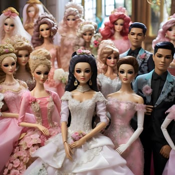 Barbie and her friends are dressed in beautifully decorated gowns, celebrating a lavish wedding party.