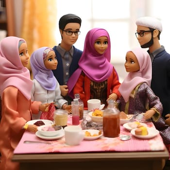 Barbie and her family, dressed in Muslim style with headdresses, gather together for a meal and joyful moments.