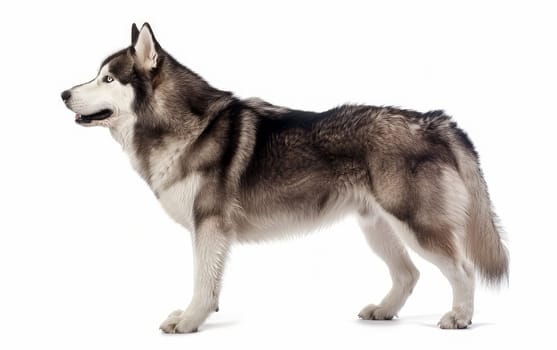 An Alaskan Malamute stands in profile against a white background, showcasing its thick fur and proud stance. This image captures the breed's characteristic wolf-like features and robust build