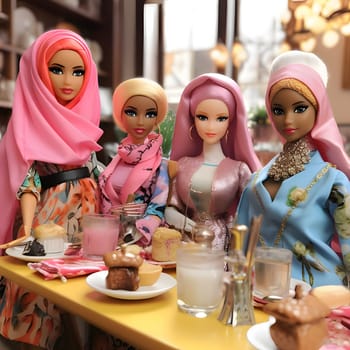 Barbie and her family, dressed in Muslim style with headdresses, gather together for a meal and joyful moments.