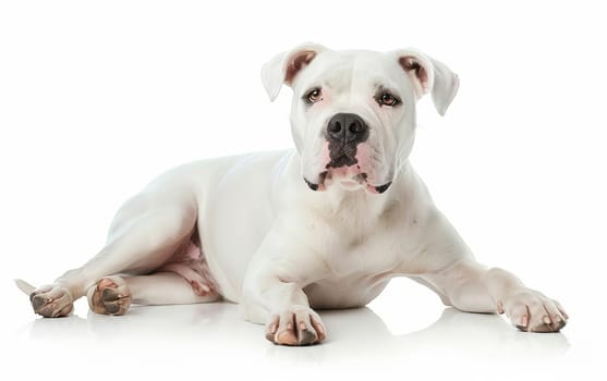 A serene white American Bulldog sits with poise, showcasing its muscular build and gentle demeanor. Its soft white coat provides a stark contrast to the stark white backdrop