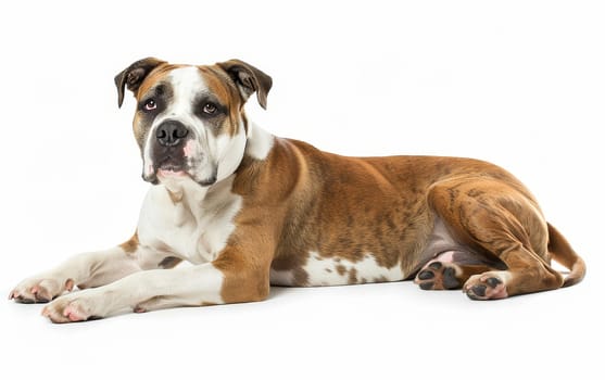 A muscular American Bulldog lies down, its gaze fixed forward with an expression of calm attentiveness. The dog's white and tan coat stands out vividly against the white background