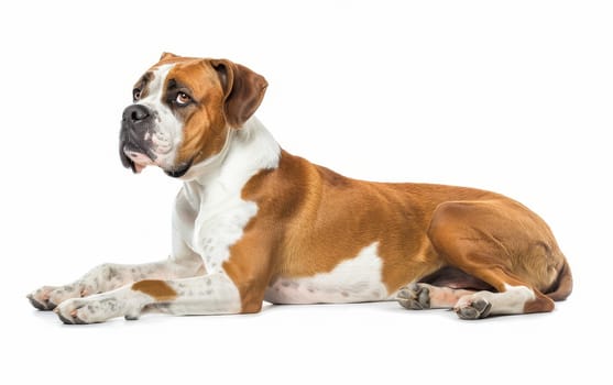 A muscular American Bulldog lies down, its gaze fixed forward with an expression of calm attentiveness. The dog's white and tan coat stands out vividly against the white background