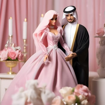 Barbie looks stunning in her pink wedding dress, standing next to her beloved Sheikh, sharing a beautiful moment on their special day.