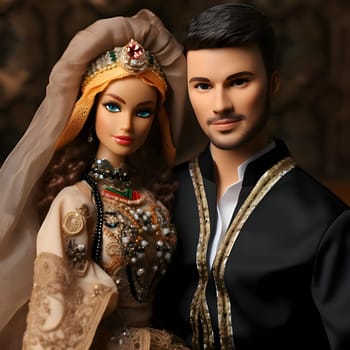 Barbie and Ken looking elegant in ceremonial outfits, with a blurry background adding a touch of sophistication to the scene.