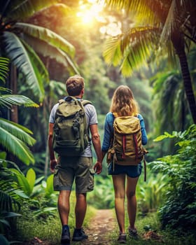 Back view of a man and woman with backpacks traveling in the jungle. Ai generated. Ai generated image