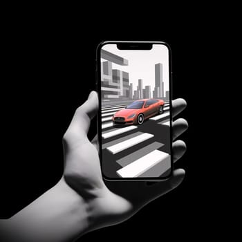 Smartphone screen: Hand holding smartphone with red car on black background, 3D rendering