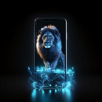 Smartphone screen: Lion in a broken smartphone on black background. 3d rendering