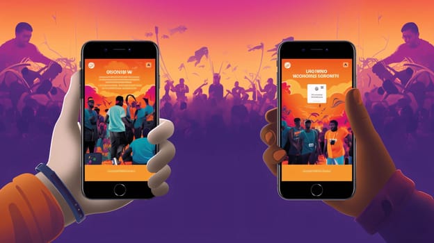 Smartphone screen: Live music festival concept. Hand holding smartphone with live music show on screen. Vector illustration