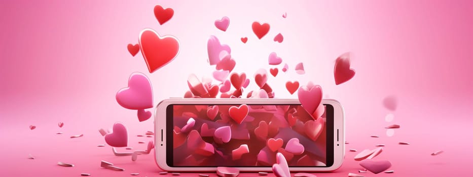 Smartphone screen: Smartphone with flying hearts on pink background. 3D rendering.