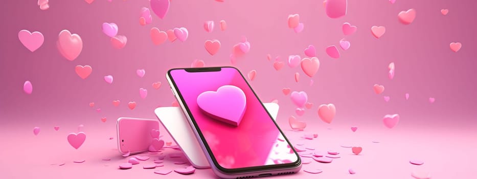Smartphone screen: Valentine's day background with pink hearts and smartphone 3d rendering