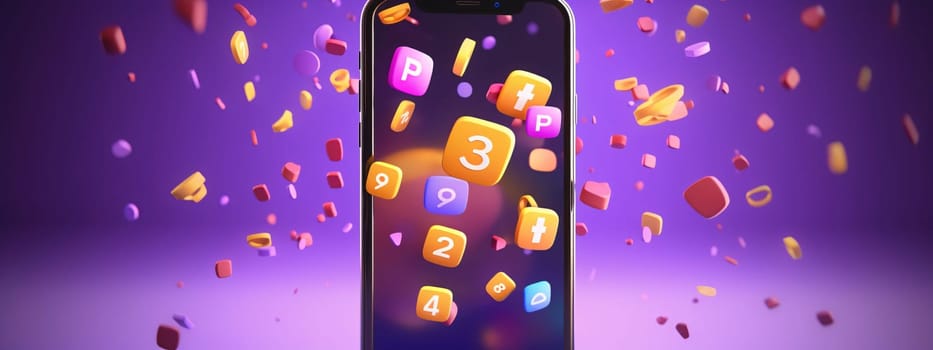 Smartphone screen: Smartphone with app icons flying on a purple background. 3d rendering