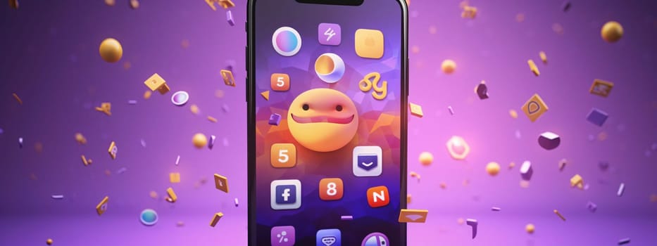 Smartphone screen: Smartphone with emoji face and social media icons. 3D rendering