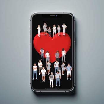 Smartphone screen: Smartphone with red heart and group of people on gray background.