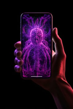 Smartphone screen: Smartphone with human skeleton in neon light on a black background.