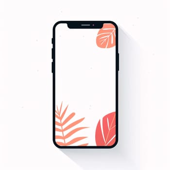 Smartphone screen: Modern smartphone with blank screen and tropical leaves on white background. Flat vector illustration.