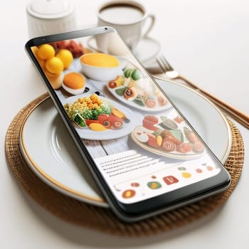 Smartphone screen: Healthy food on mobile phone screen. Concept of healthy eating.