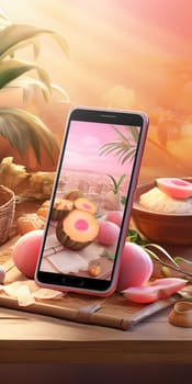 Smartphone screen: Mobile phone on a wooden table with a lotus flower in the background