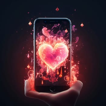 Smartphone screen: Hand holding smartphone with abstract glowing heart on dark background. Love concept