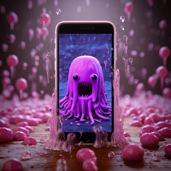 Smartphone screen: A smartphone with a purple octopus floating on the screen. 3D rendering