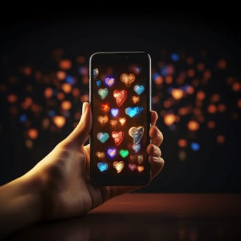 Smartphone screen: Close up of human hand holding mobile phone with colorful hearts on screen