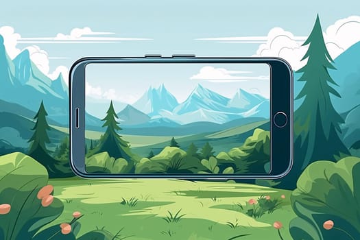 Smartphone screen: Smartphone in the forest with mountains on the background. Vector illustration