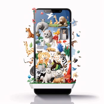 Smartphone screen: Smartphone with animals on the screen isolated on a white background.