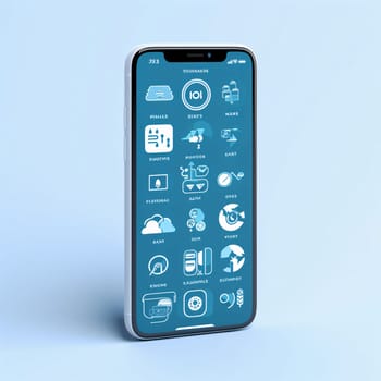 Smartphone screen: smartphone with apps on the screen on a blue background. 3d rendering