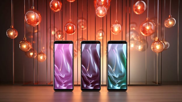 Smartphone screen: Smartphones with abstract glowing light effects. 3D Rendering.