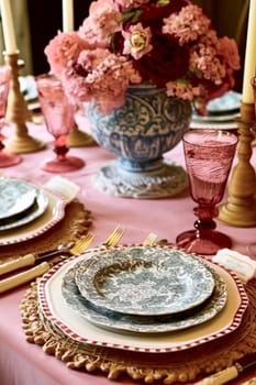 Romantic holiday tablescape, formal dinner table setting, table scape with pink country style decoration for wedding and event celebration, post-processed, generative ai