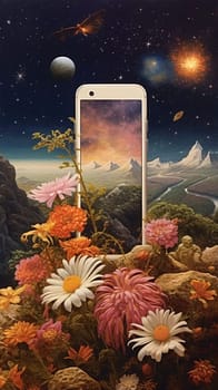 Smartphone screen: Mobile phone with beautiful flowers on the background of mountains and the stars