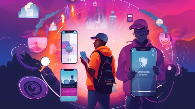 Smartphone screen: People using smartphones with augmented reality concept. Vector illustration in neon colors