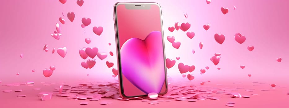 Smartphone screen: 3d rendering of a pink smartphone with a pink heart on a pink background